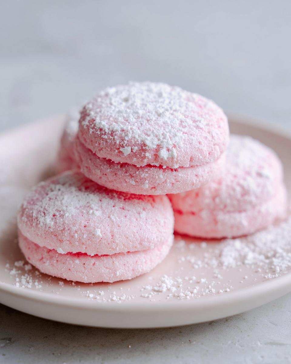 Close-up of three soft pink Strawberry Cookies sandwiched together and dusted heavily with powdered sugar on a light plate.