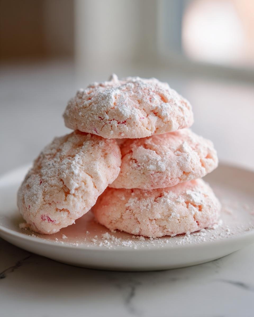 A stack of four soft, pink Strawberry Cookies heavily dusted with powdered sugar on a white plate.