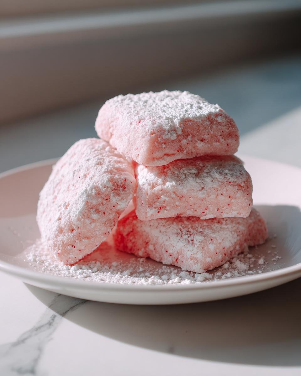 A stack of four soft, pink Strawberry Cookies heavily dusted with white powdered sugar on a white plate.