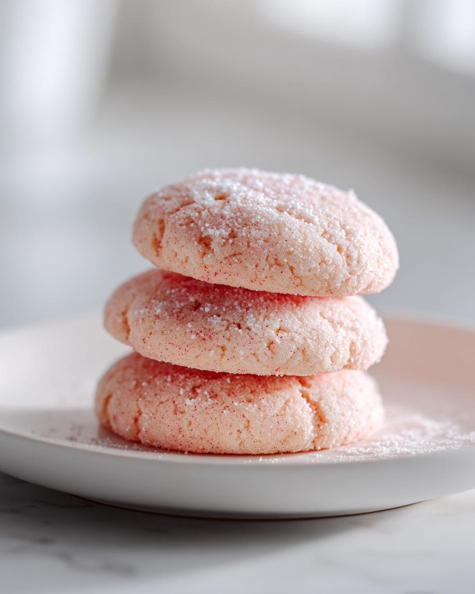 A stack of three soft, pink Strawberry Cookies dusted heavily with granulated sugar on a light plate.