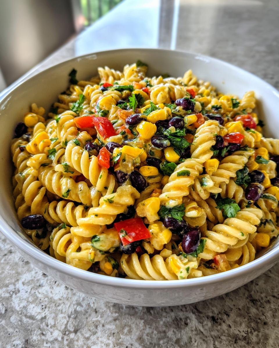 Close-up of a white bowl filled with Southwest Pasta Salad featuring rotini pasta, black beans, corn, and red peppers.