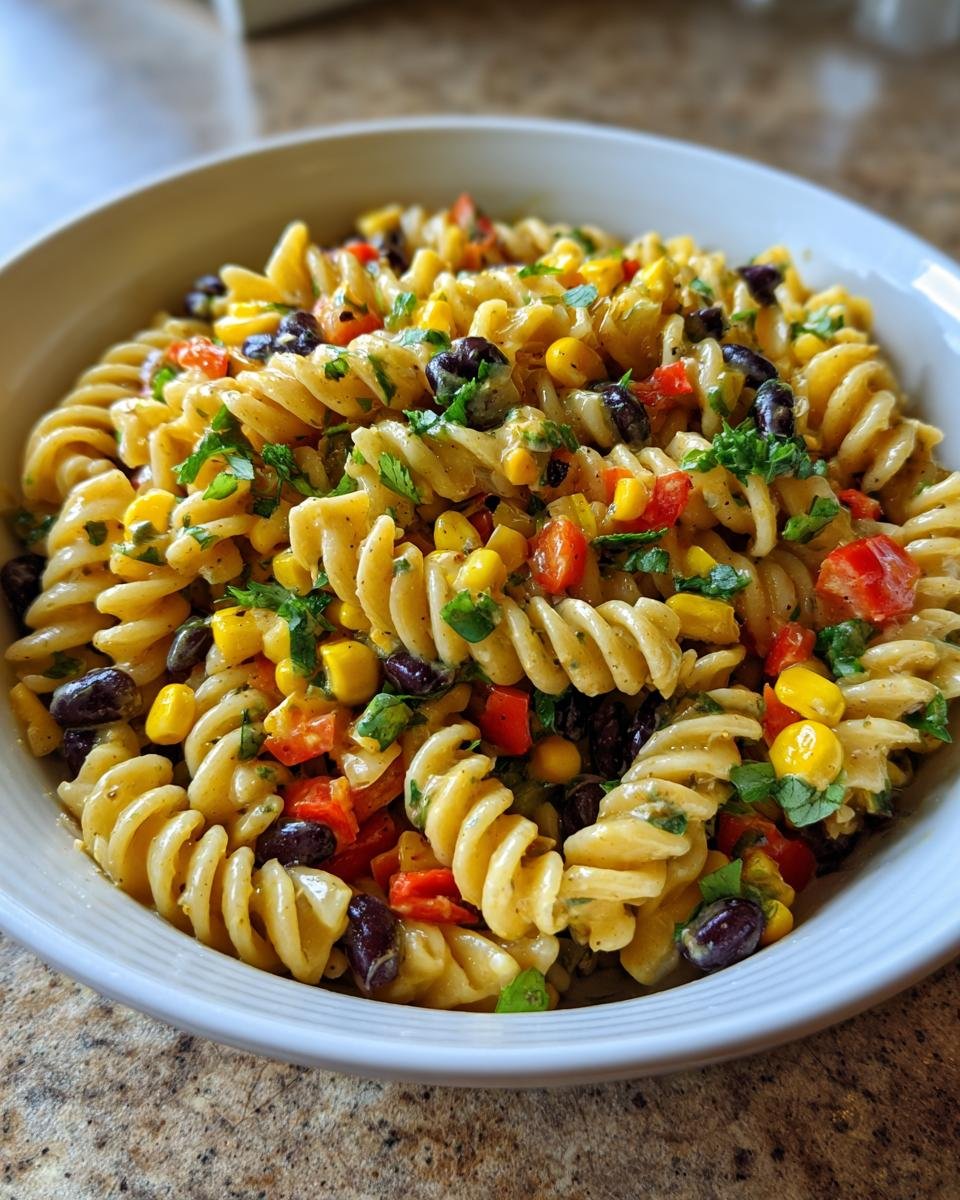 A close-up view of a white bowl filled with creamy Southwest Pasta Salad featuring rotini pasta, black beans, corn, and red peppers.