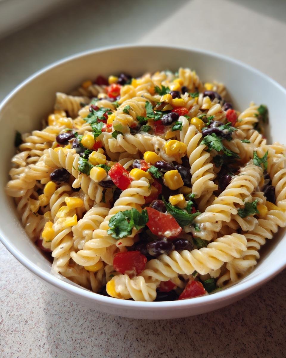 Close-up of a white bowl filled with creamy Southwest Pasta Salad featuring rotini pasta, black beans, corn, and cilantro.