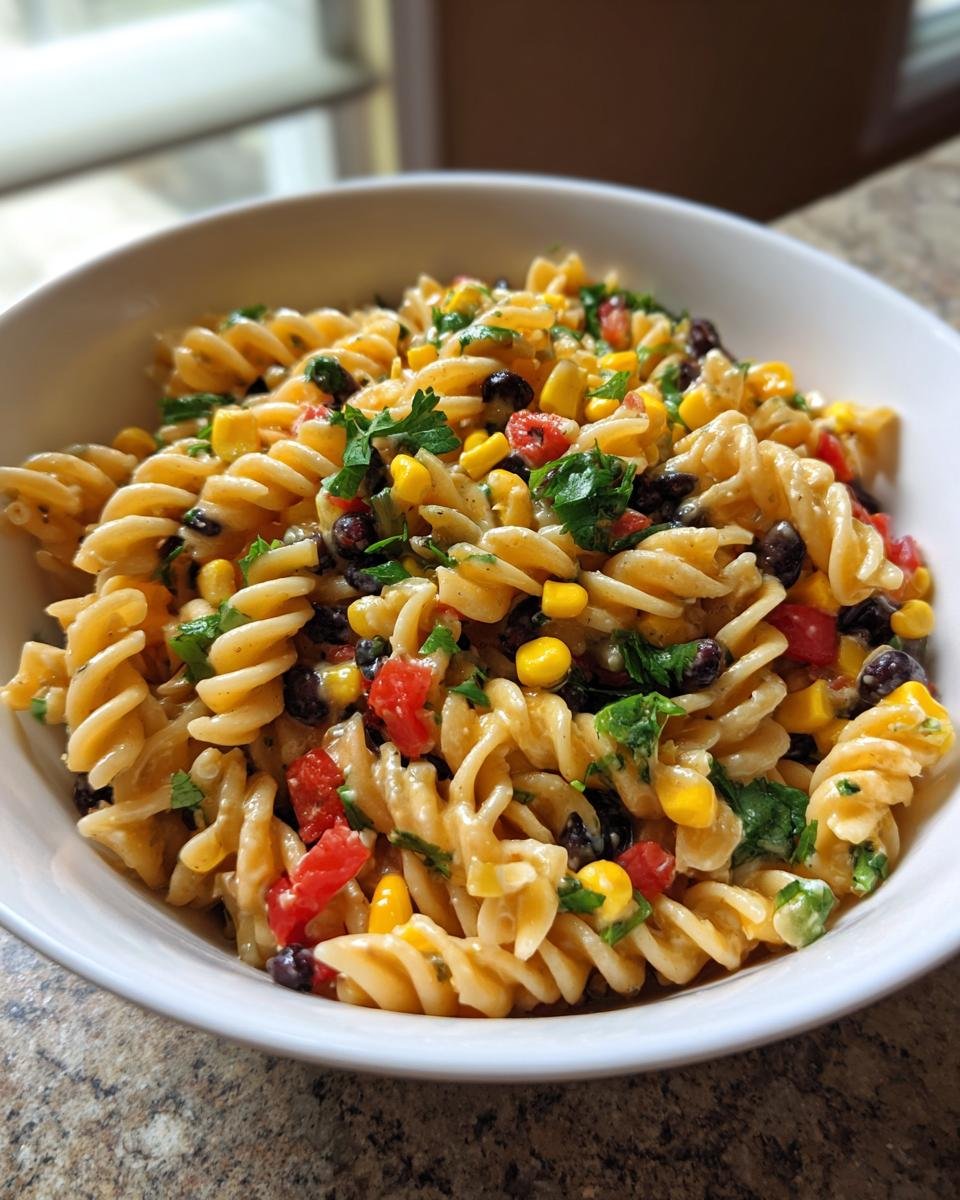 A close-up view of a creamy Southwest Pasta Salad featuring rotini pasta, black beans, corn, and diced tomatoes.