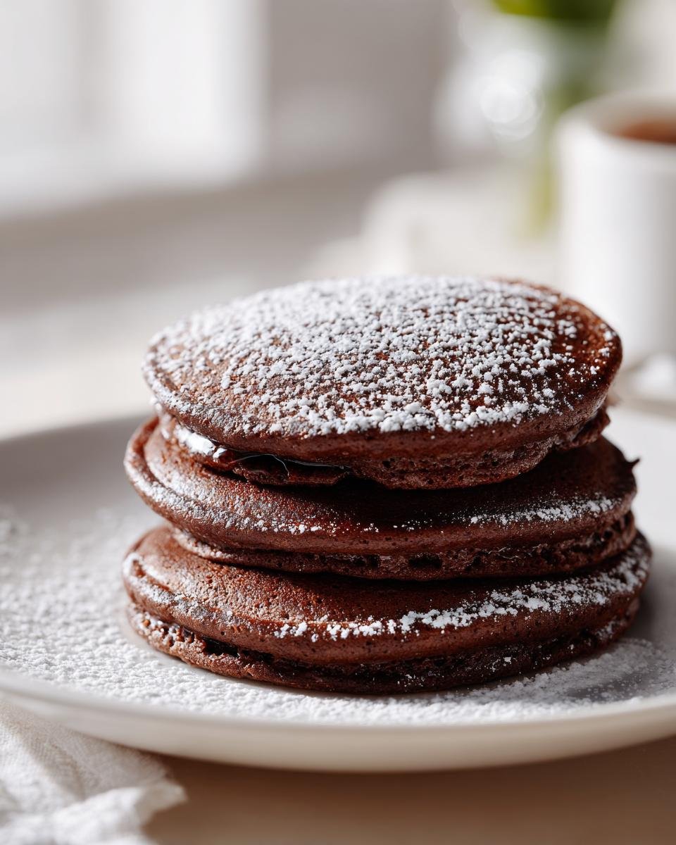 A close-up of a stack of three rich Chocolate Pancakes dusted heavily with powdered sugar on a white plate.