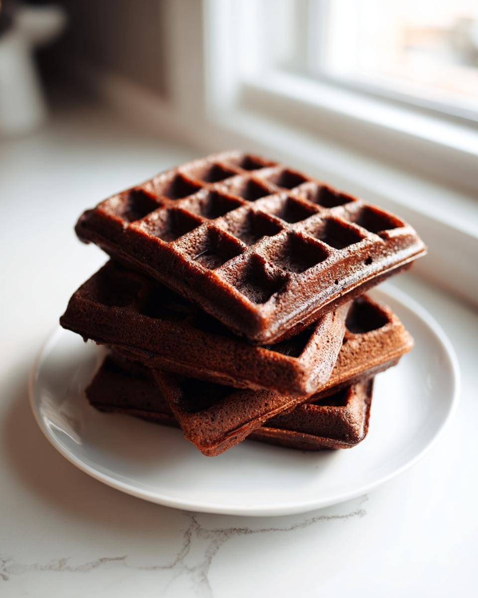 A stack of four dark, rich Chocolate Waffles resting on a small white plate near a bright window.
