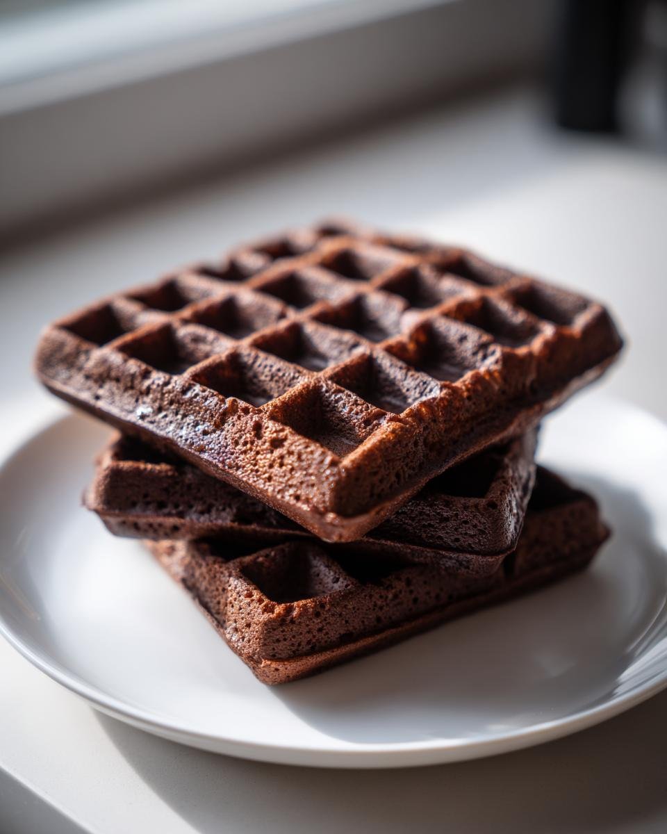 Three dark, rich Chocolate Waffles stacked on a white plate, illuminated by natural light from a window.