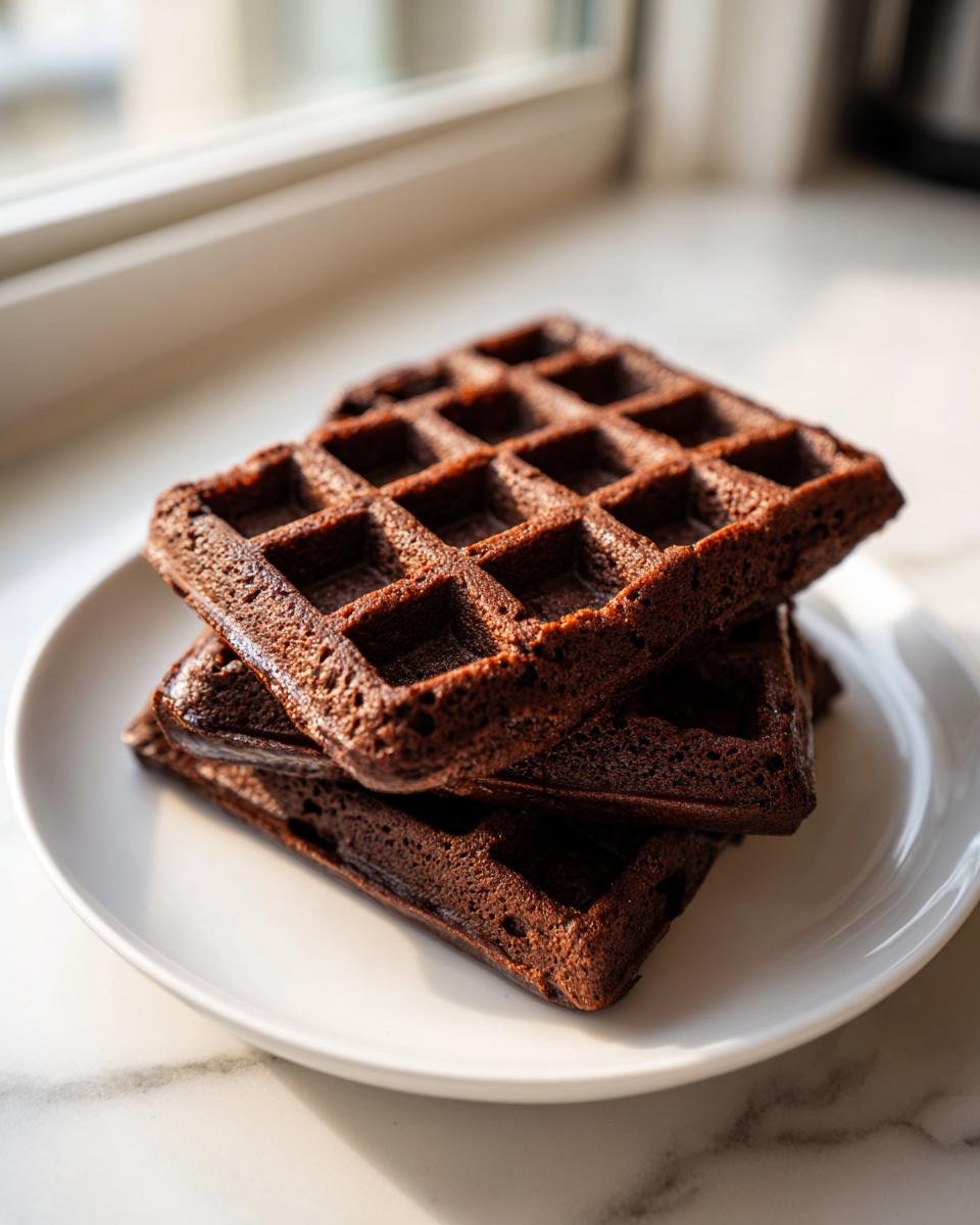 A stack of three dark, rich Chocolate Waffles resting on a white plate near a window.