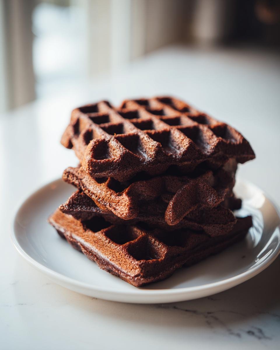 A stack of three dark, rich Chocolate Waffles resting on a small white plate.