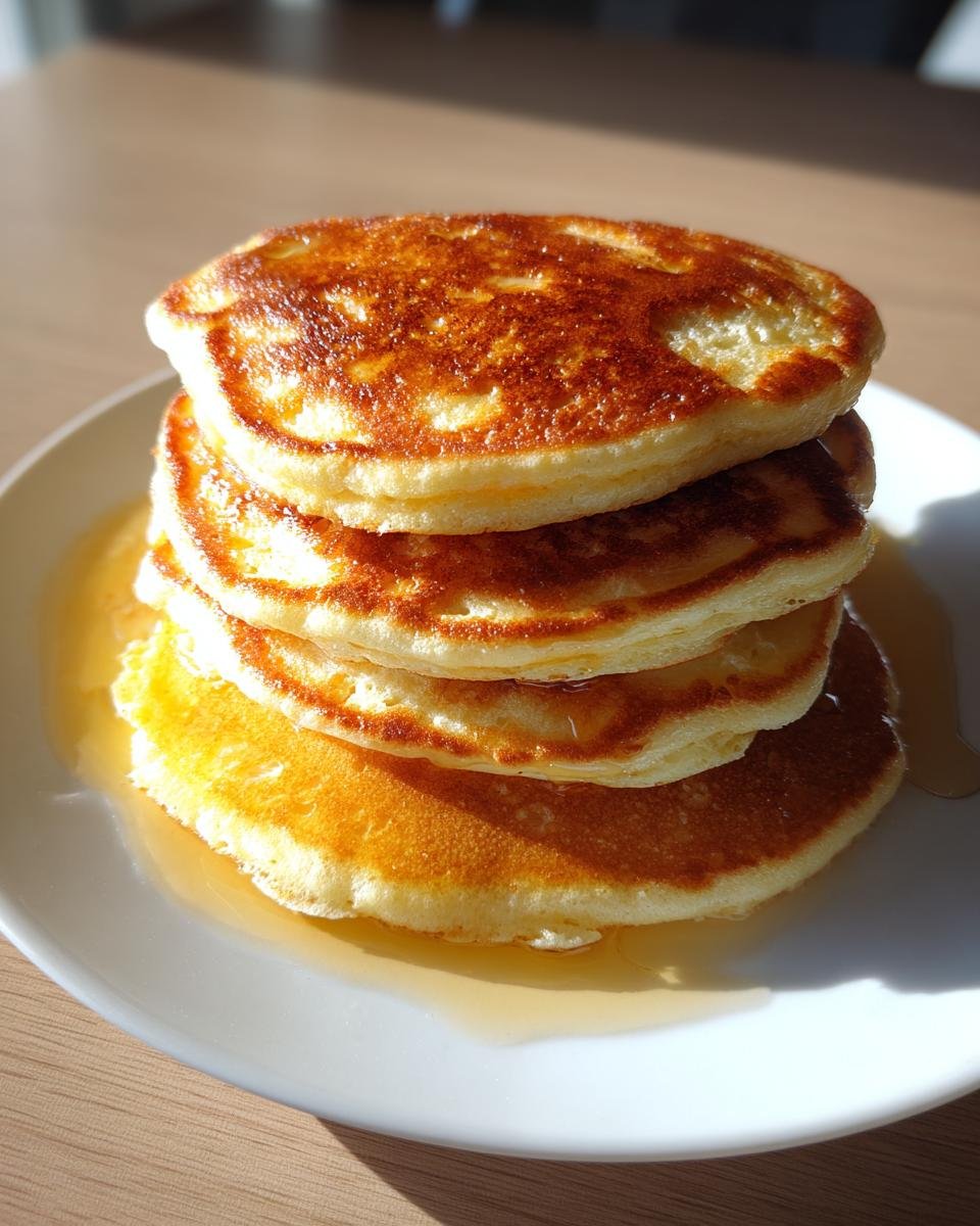 A close-up of a stack of four golden-brown Cream Cheese Pancakes drizzled with syrup on a white plate.