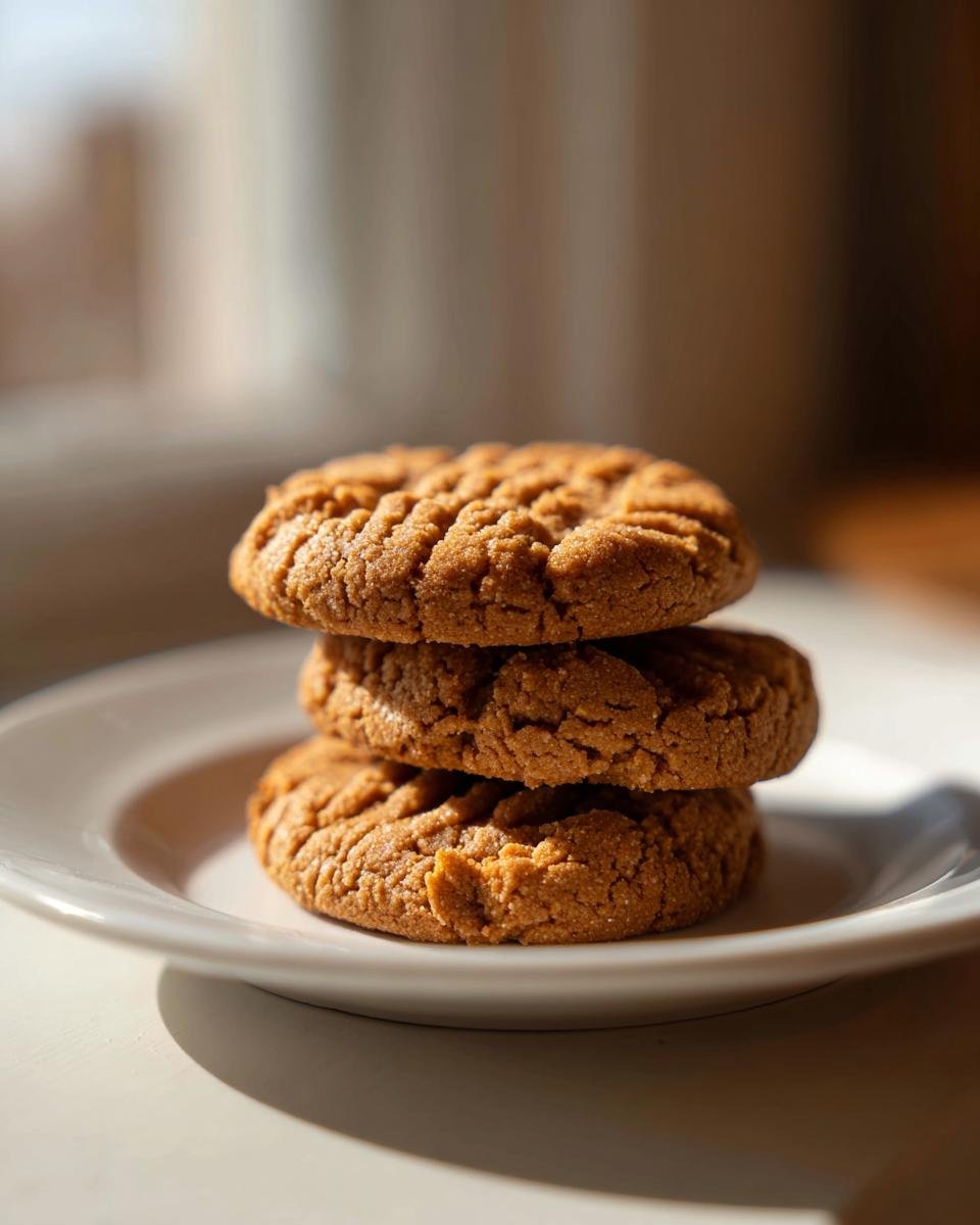 A stack of three golden brown Flourless Peanut Butter Cookies with classic fork marks on a white plate.