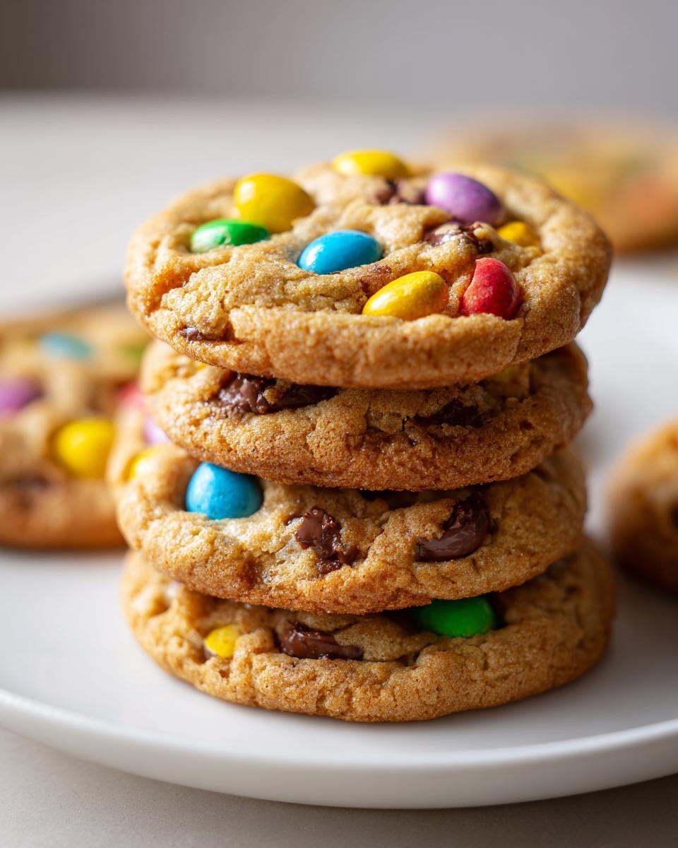 A stack of four soft, chewy Mini Egg Cookies studded with colorful candy-coated chocolates.