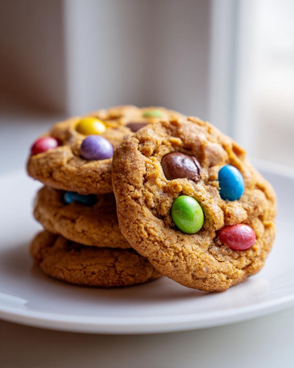 A close-up stack of three chewy Mini Egg Cookies topped with colorful candy-coated chocolates.