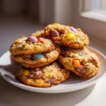 A stack of freshly baked Mini Egg Cookies loaded with chocolate chunks and colorful candy shells, sitting on a white plate.
