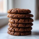 A vertical stack of five dark brown, crinkled Soft Gingerbread Cookies resting on a white marble surface.