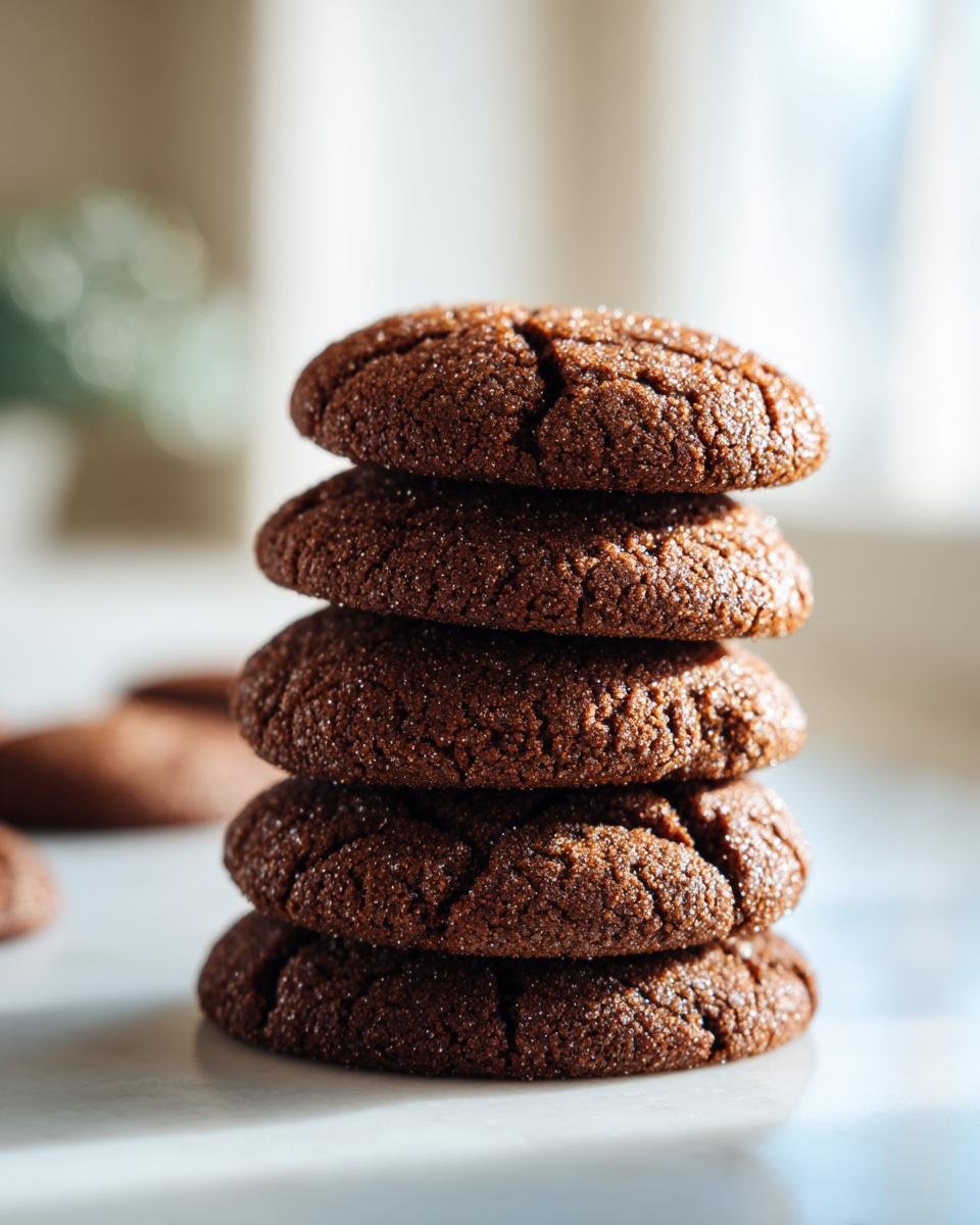 A vertical stack of five dark brown, crinkled Soft Gingerbread Cookies coated in sugar, sitting on a light surface.