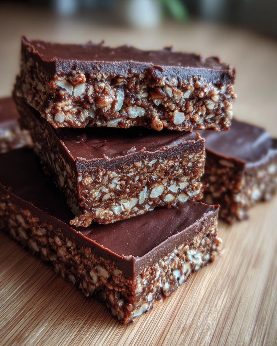 A stack of three rich, chocolate-topped Hedgehog Slice bars showing the crunchy, textured base.