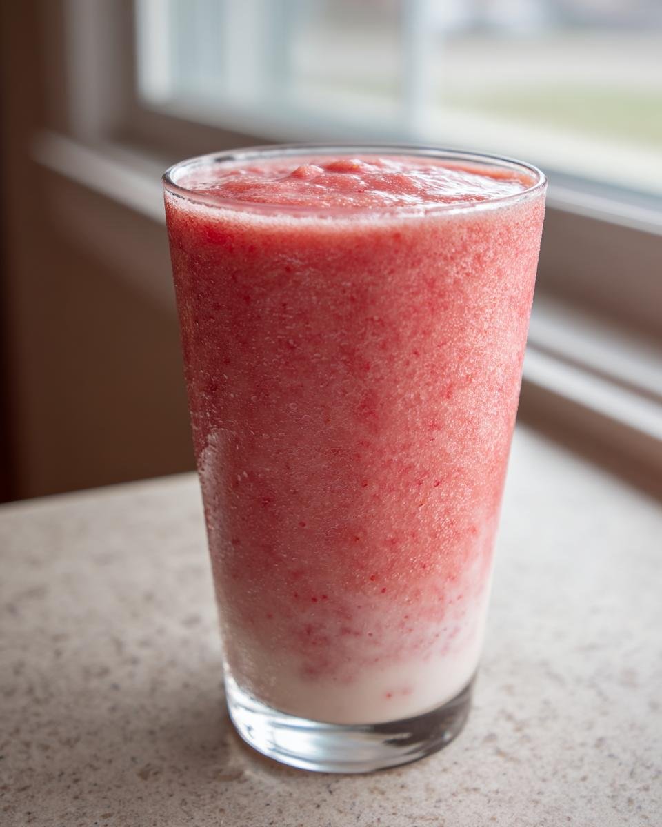 A tall glass filled with a thick, frosty Strawberry Banana Smoothie, showing separation between the pink fruit mix and the white liquid base.