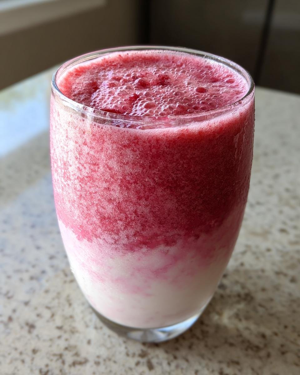 Close-up of a layered Strawberry Banana Smoothie with a bright red top layer and creamy white bottom layer.