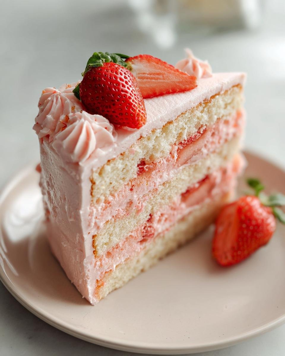A decadent slice of Strawberry Champagne Cake, featuring layers of vanilla cake, strawberry filling, and pink frosting, topped with fresh strawberries.