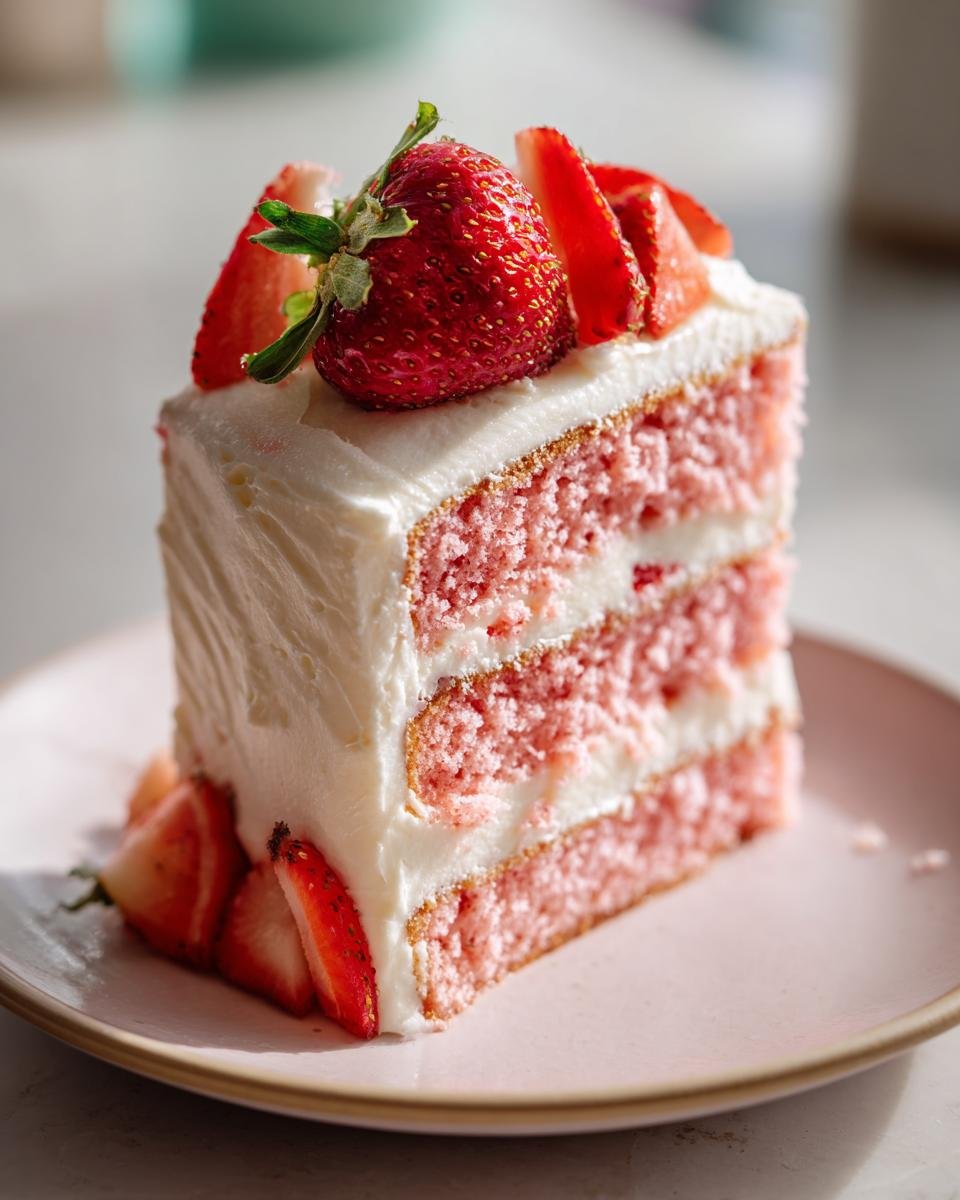 A delicious slice of Strawberry Champagne Cake with three pink layers and white frosting, topped with fresh strawberries.