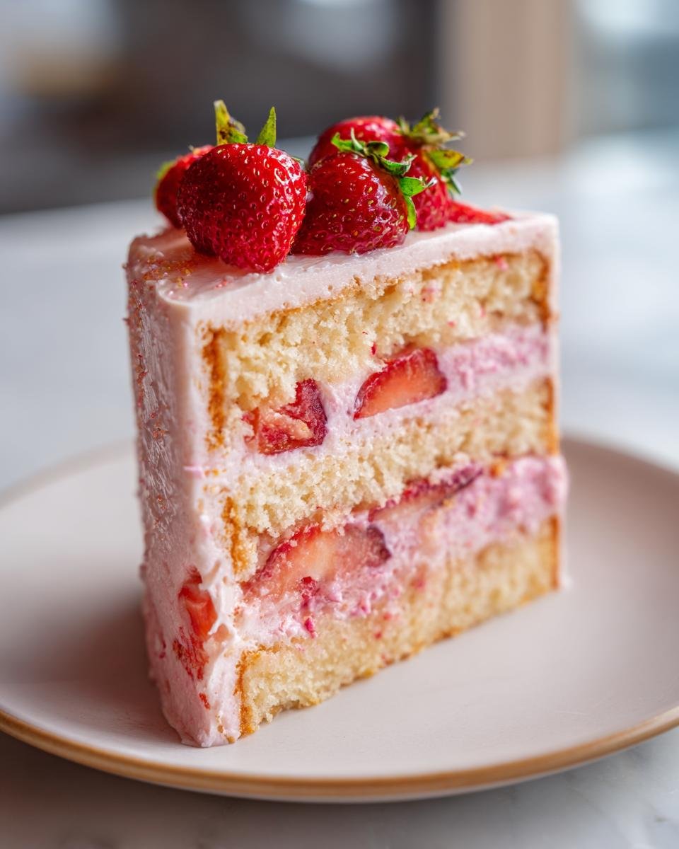 A slice of Strawberry Champagne Cake with layers of sponge cake, strawberry filling, and pink frosting, topped with fresh strawberries.