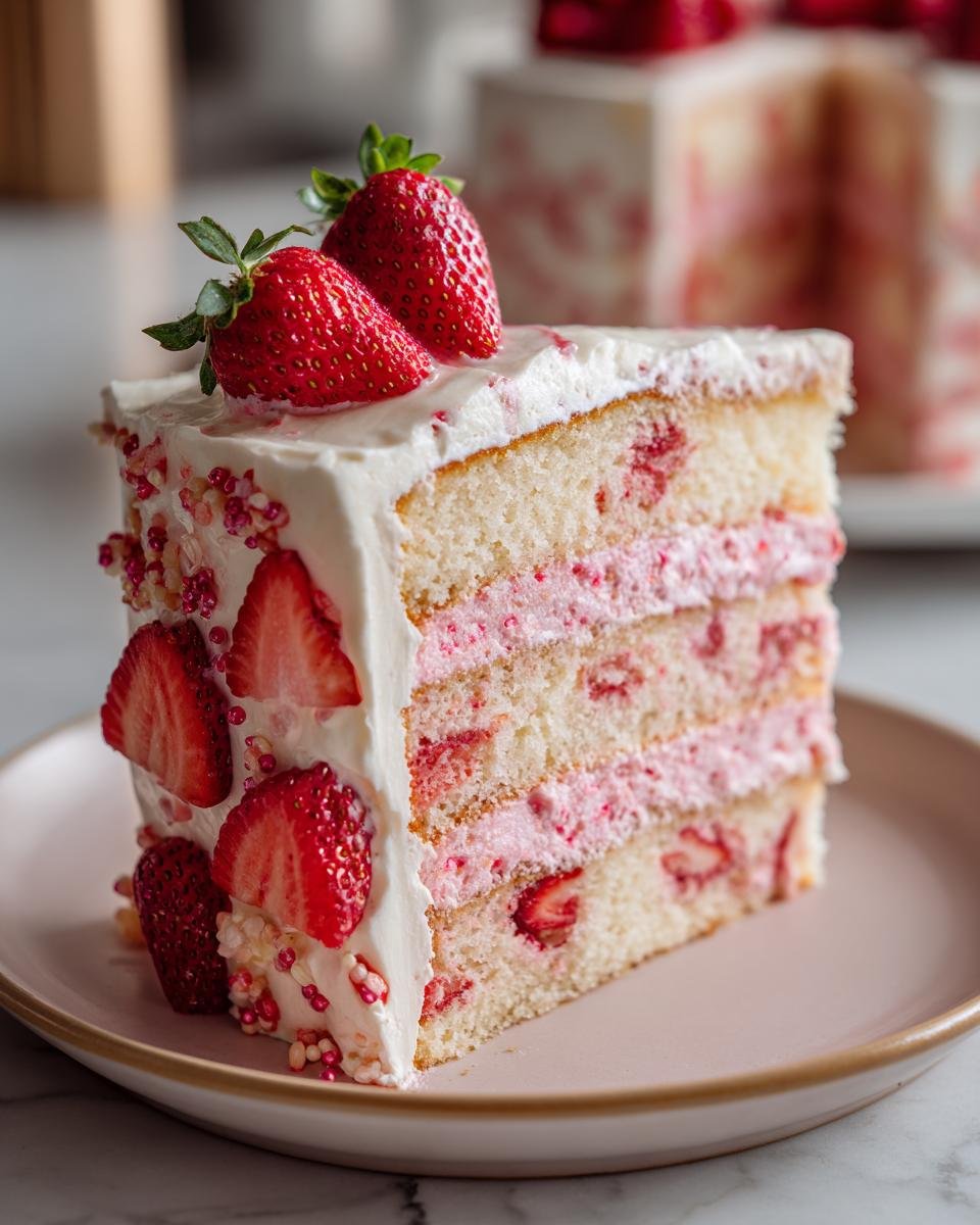 A decadent slice of Strawberry Champagne Cake, featuring layers of vanilla cake, pink strawberry filling, and white frosting, topped with fresh strawberries.