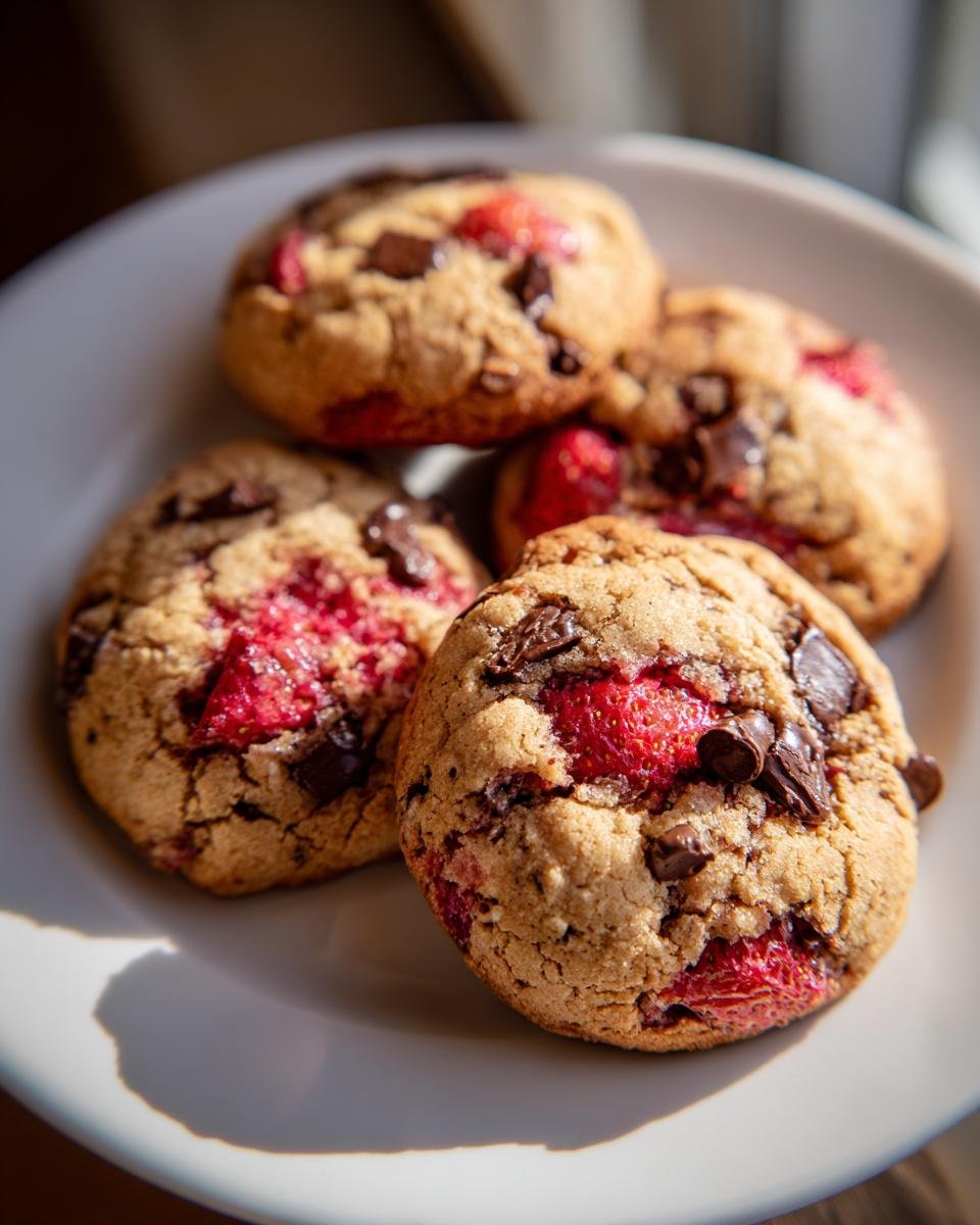 A close-up of several freshly baked Strawberry Chocolate Chip Cookies on a white plate, showcasing chunks of chocolate and bright red strawberries.