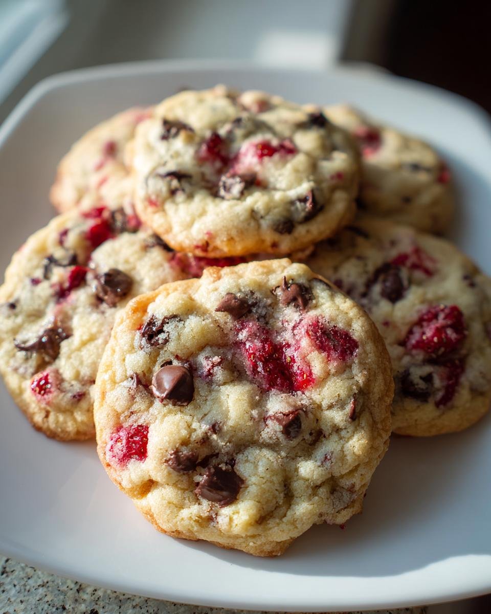 A close-up shot of several freshly baked Strawberry Chocolate Chip Cookies on a white plate.