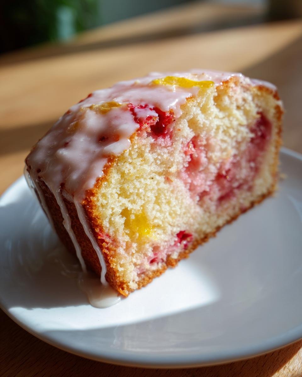 A slice of moist Strawberry Lemonade Cake with visible strawberries and a sweet glaze, served on a white plate.