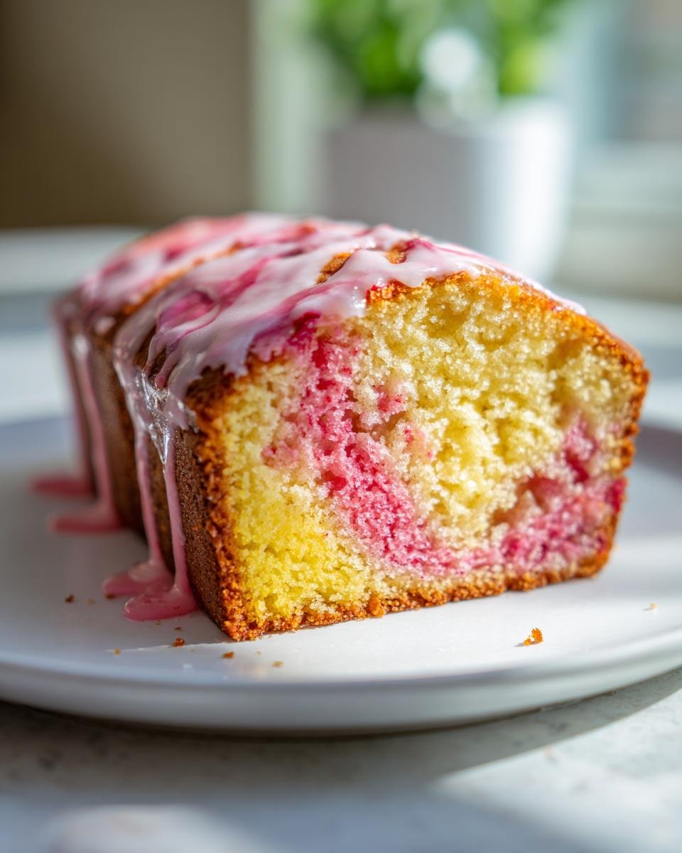 A slice of Strawberry Lemonade Cake with a vibrant pink swirl and drizzled pink glaze.