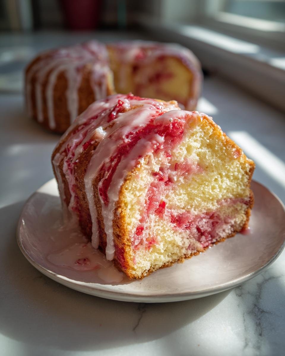 A slice of moist Strawberry Lemonade Cake with visible strawberries and a sweet glaze drizzled on top.