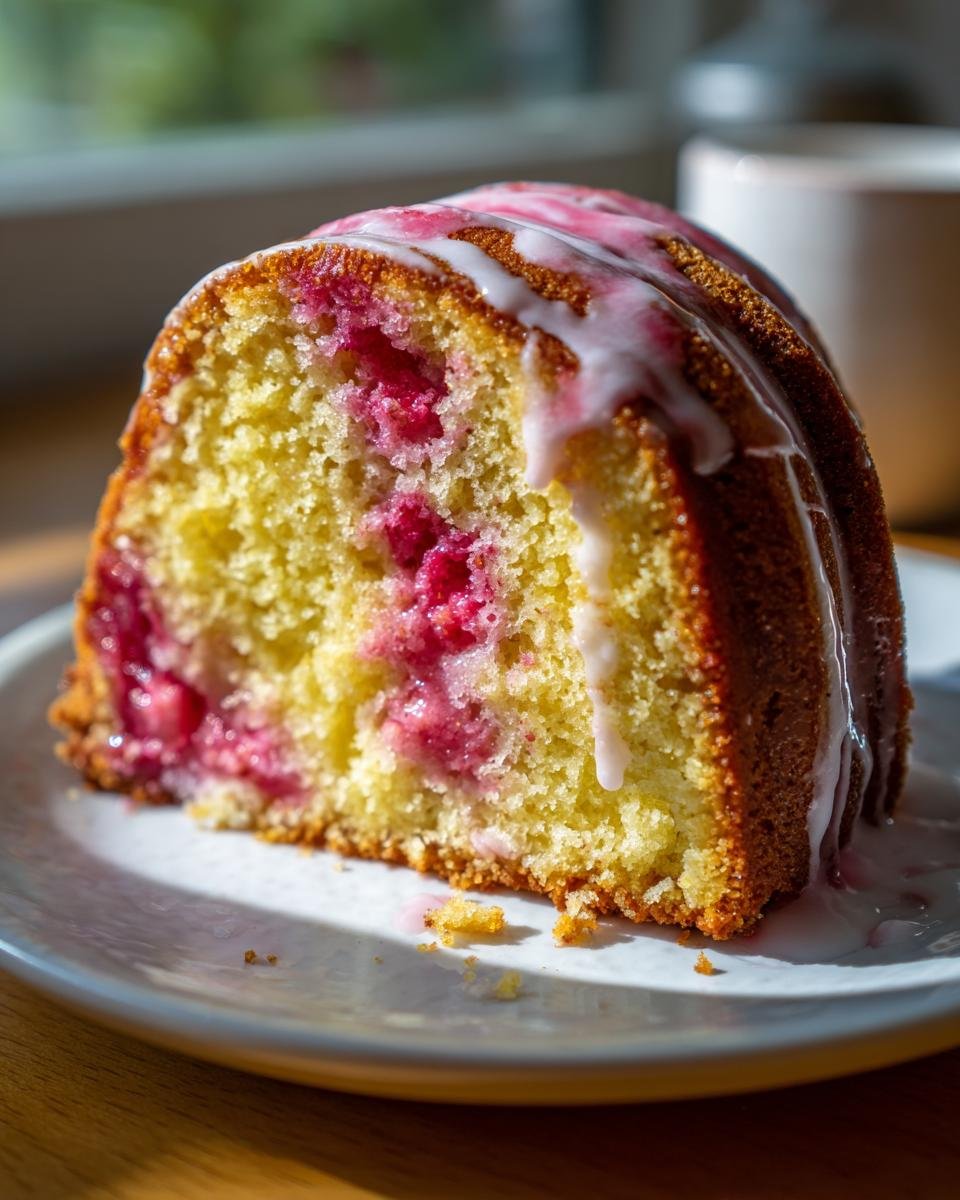A slice of moist Strawberry Lemonade Cake with visible pink fruit pieces and a white glaze drizzled over the top.
