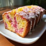 A slice of moist Strawberry Lemonade Cake with swirls of pink and yellow, topped with a white glaze.
