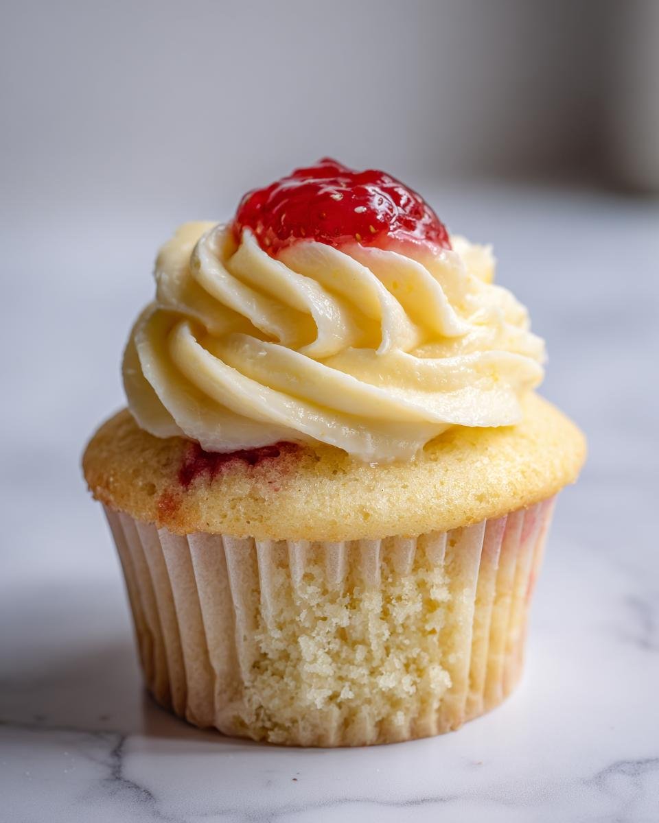 A close-up of a delicious Strawberry Lemonade Cupcake, topped with creamy yellow frosting and a dollop of strawberry filling.