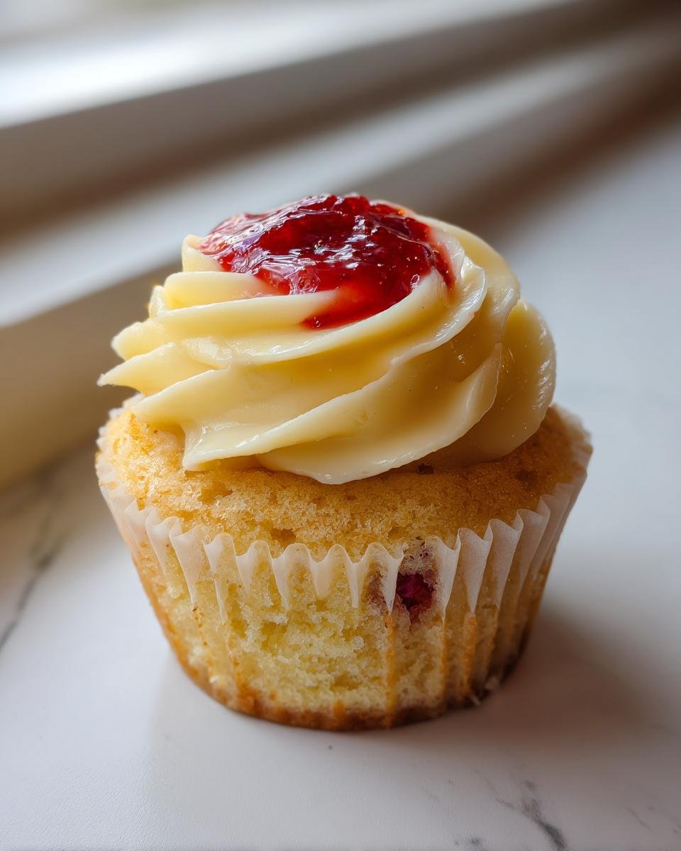 A single Strawberry Lemonade Cupcake topped with swirl frosting and strawberry jam.