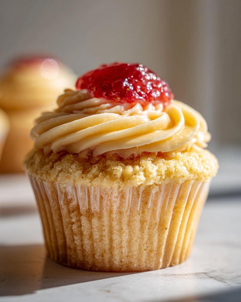 Close-up of a delicious Strawberry Lemonade Cupcake topped with creamy frosting and a dollop of strawberry jam.