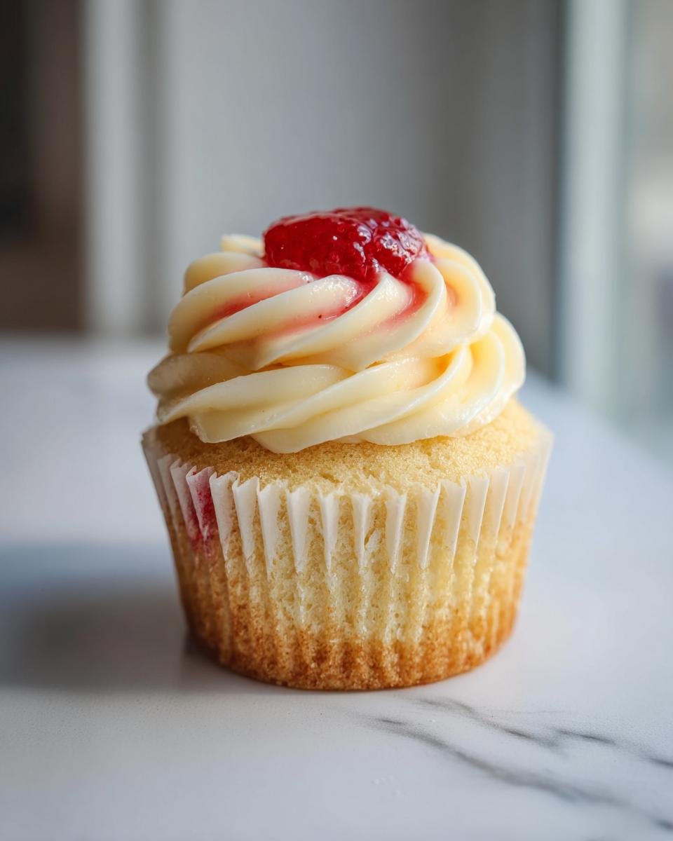 A single Strawberry Lemonade Cupcake with creamy yellow frosting swirled on top and a dollop of strawberry filling.