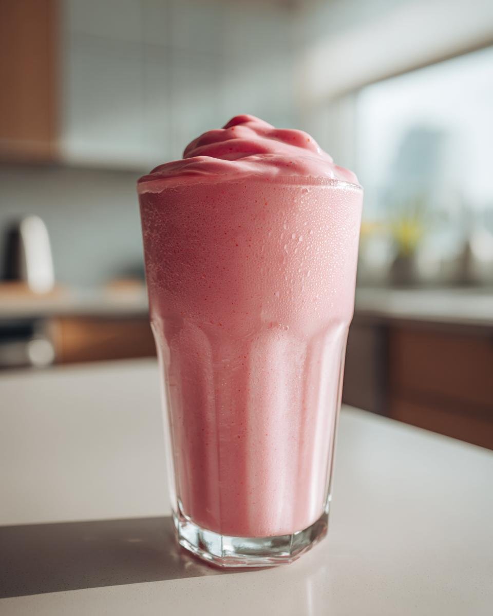 A tall, frosty glass filled with a thick, pink Strawberry Milkshake topped with a swirl.