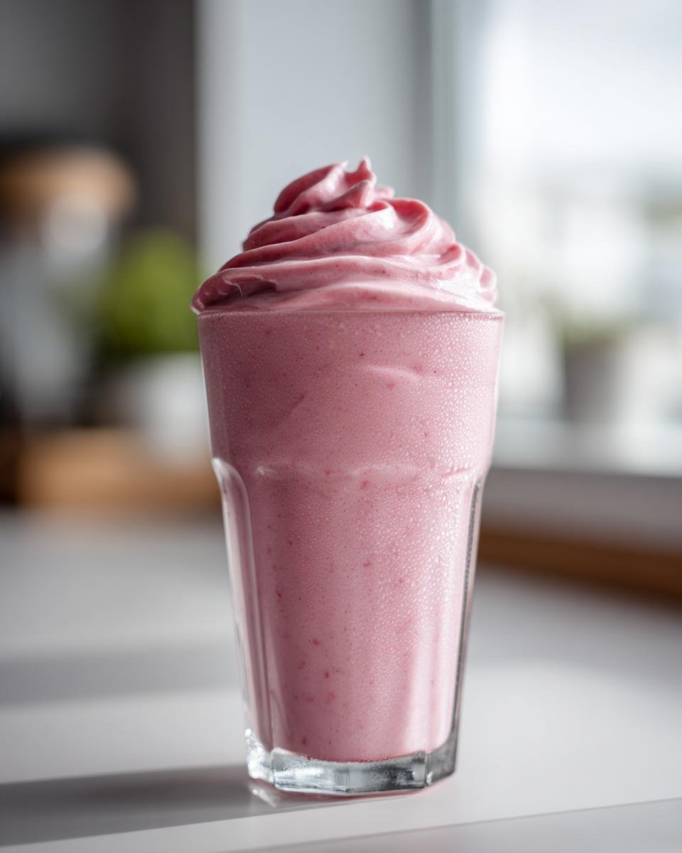 A tall glass filled with a thick, pink Strawberry Milkshake topped with a swirl of whipped topping.