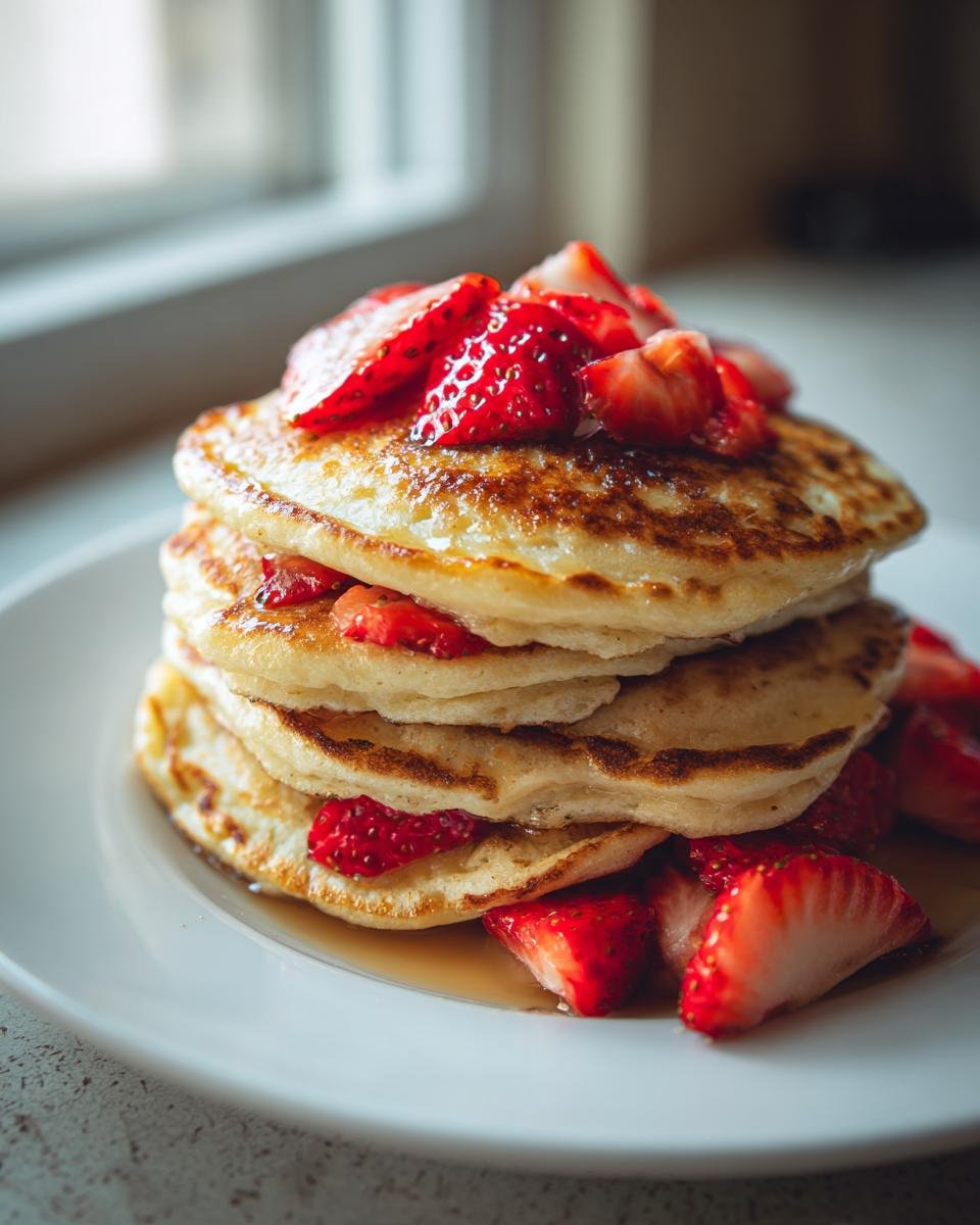 A stack of three fluffy Strawberry Pancakes topped with fresh sliced strawberries and drizzled with syrup.
