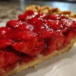 Close-up view of a glistening slice of Strawberry Pie, showing the bright red glazed fruit filling and flaky crust.