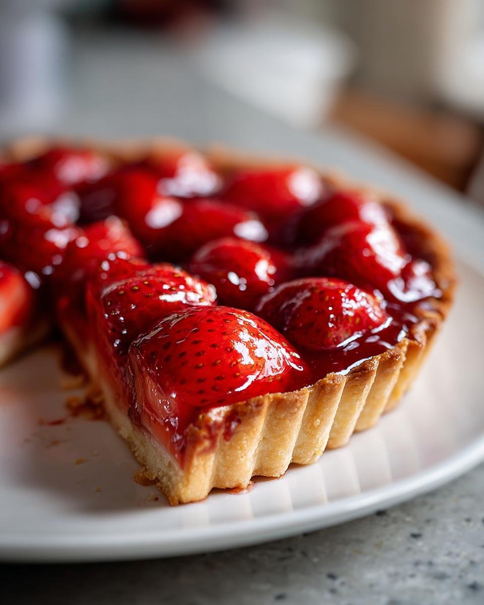 Close-up of a slice of glossy, glazed Strawberry Pie showing fresh strawberries in a fluted pastry crust.