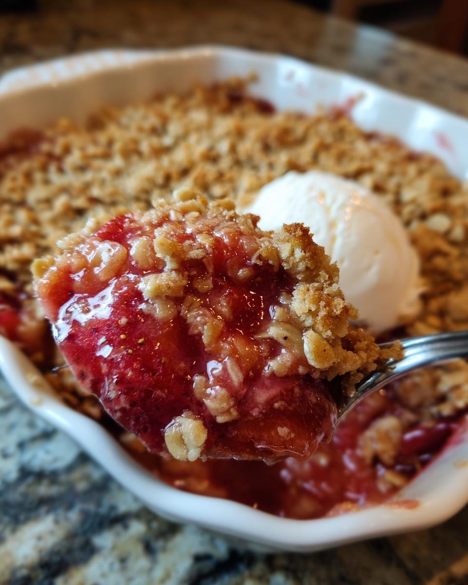 Close-up of a spoonful of warm Strawberry Rhubarb Crisp, showing juicy fruit and oat topping, served with vanilla ice cream.