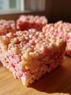 Close-up of a square Strawberry Rice Krispie Treat on a wooden surface, with more treats in the background.