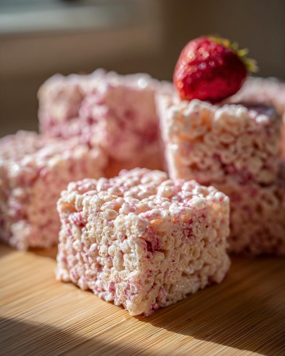 Close-up of a square Strawberry Rice Krispie Treat with a fresh strawberry on top, showcasing the pink swirls.