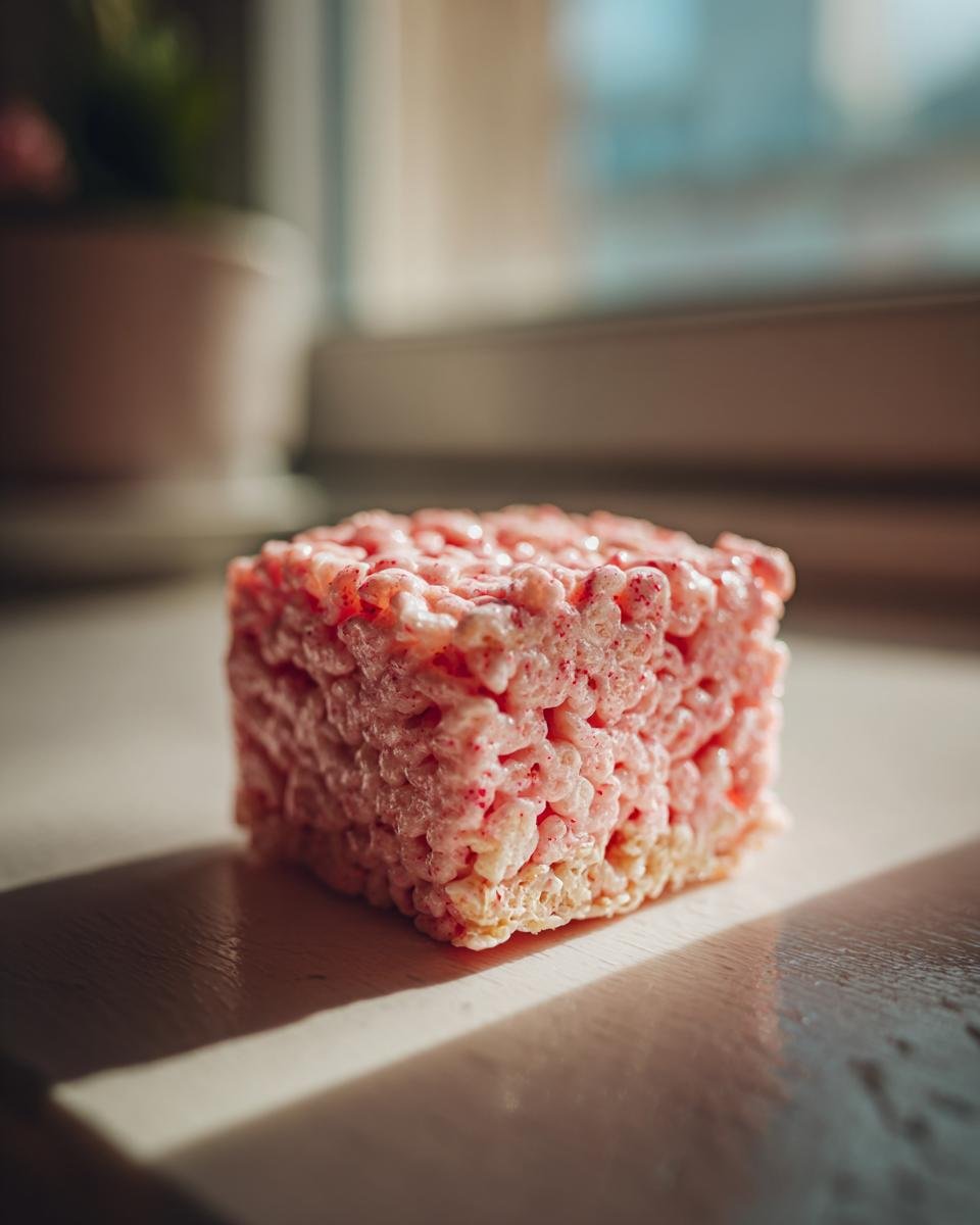A single square of pink Strawberry Rice Krispie Treats sits on a wooden surface, catching sunlight.