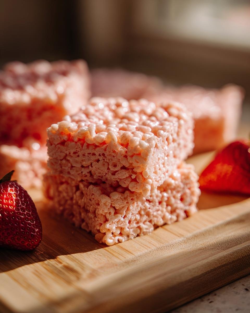 A stack of pink Strawberry Rice Krispie Treats on a wooden board with fresh strawberries.