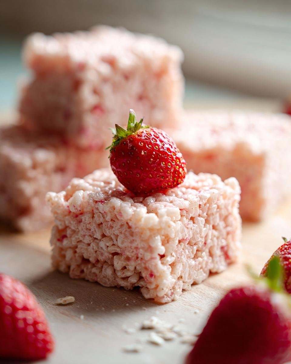 Close-up of a Strawberry Rice Krispie Treat topped with a fresh strawberry, with more treats and strawberries in the background.