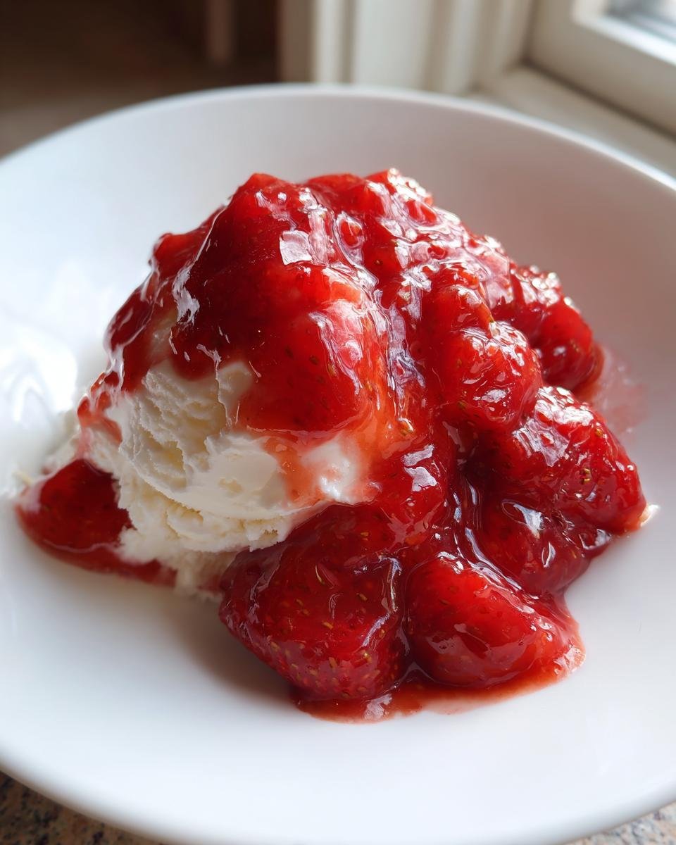 A scoop of vanilla ice cream generously topped with thick, chunky Strawberry Sundae Sauce in a white bowl.